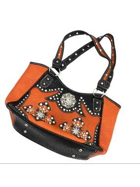 P&G Collection Western Shoulder Bag faux leather rust orange studded rhinestones